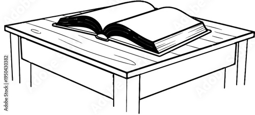 An open book rests on a wooden desk with visible grain lines
