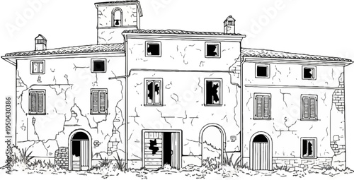 An old, crumbling stone building with boarded-up windows and doorways