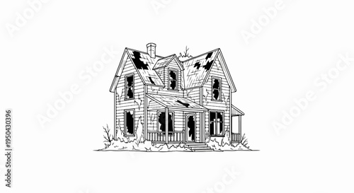An old, dilapidated wooden house with broken windows and a caved-in roof