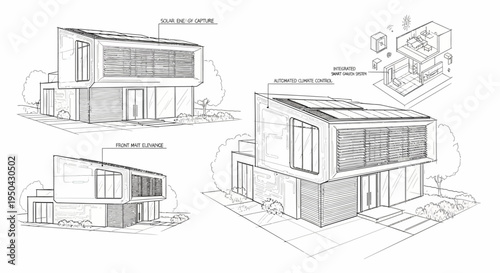 Architectural sketches of a modern smart house with solar panels and automated systems, showcasing design and technological features.