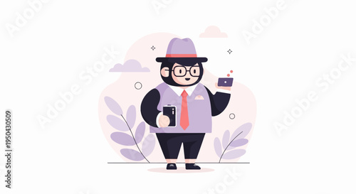 Animated ape in suit and hat holding phone and wallet