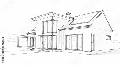 A detailed line drawing sketch of a modern residential house with solar panels and a covered patio.