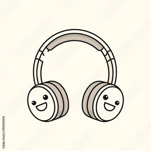 A cartoon depiction of headphones with smiling faces on the earcups, set against a neutral, beige background.  The design is simple