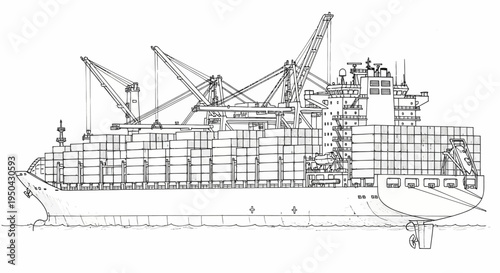 Detailed line drawing of a large container ship with multiple cranes and cargo.