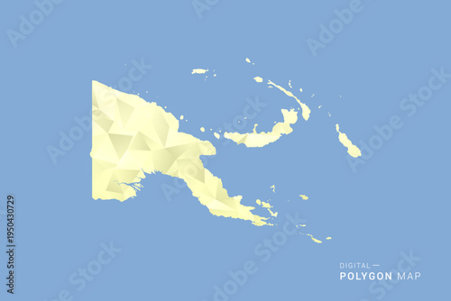 Papua New Guinea Map in low poly polygon vector style, geometric shape illustration with soft yellow tones on blue background, clean silhouette for infographic.