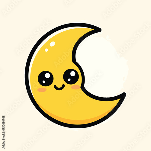 A cartoon crescent moon with a friendly face, yellow color, a black outline, and rosy cheeks. It features large, dark eyes and a simple smile, set against a creamy background