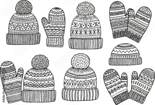 Assorted knit winter hats and mittens with patterned designs