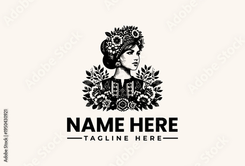 A black and white illustration of a woman's head adorned with floral patterns and mechanical elements, surrounded by decorative leaves and text placeholders for a logo or brand identity on