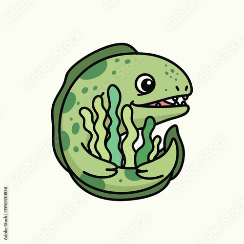 A cartoon depiction of a green marine creature with a round head, a smiling expression, and seaweed in its belly