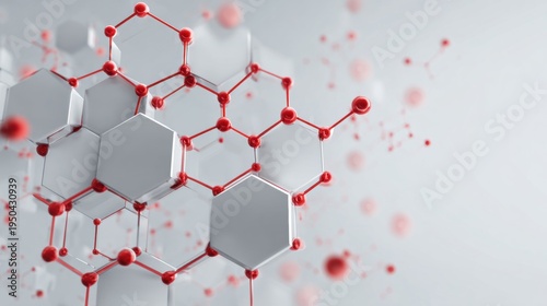 Close-up of a molecular structure with hexagonal shapes and red spheres
