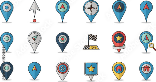Set of colorful flat vector map pointer icons for navigation and location tracking services design