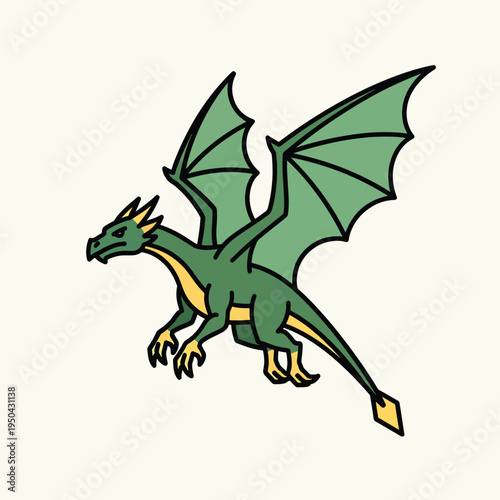 A cartoon depiction of a green dragon with black outlines, yellow accents, and large wings, soaring gracefully against a creamy background