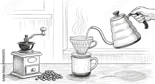 A detailed black and white sketch illustrating the pour-over coffee brewing process with a manual grinder and beans.