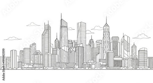Detailed black and white line drawing of a modern city skyline with numerous skyscrapers and clouds.