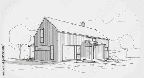 Detailed architectural sketch of a modern two-story house with large windows and a sloped roof, set in a minimalist landscape.