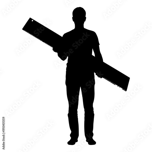 Black silhouette of a male worker or carpenter carrying a long board for building, DIY home improvement, and construction industry concepts