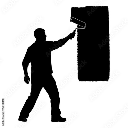 Black silhouette of a professional painter or handyman using a paint roller on a wall for home renovation, interior decorating, and maintenance services.