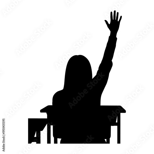 Black silhouette of a student sitting at a desk raising their hand to participate in class, symbolizing education, curiosity, and active learning in a school or university setting.