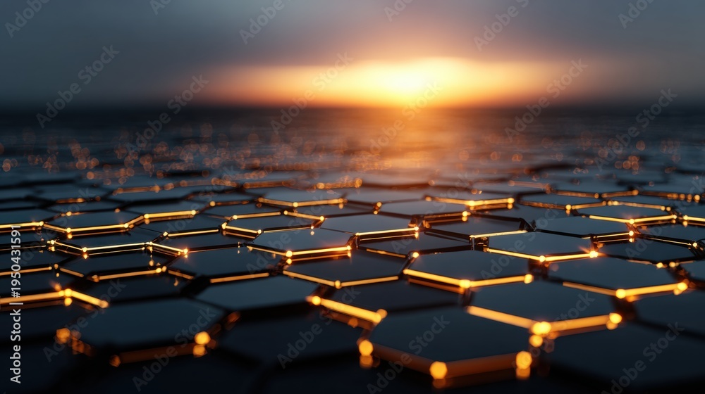 Fototapeta premium Hexagonal pattern with glowing lines at sunset
