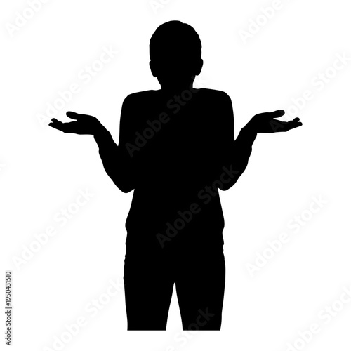 Black silhouette of a person shrugging with open palms to express confusion, uncertainty, or a lack of knowledge.