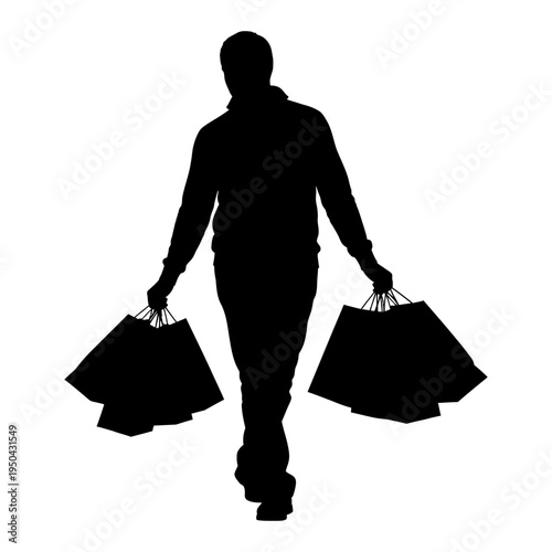 Black silhouette of a man walking while carrying several shopping bags, ideal for retail marketing, consumerism concepts, and seasonal sale promotions.