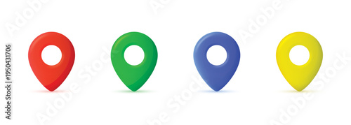 3D location pin icon set. Realistic map marker pointer vector illustration. Red green blue and yellow gps navigation symbols