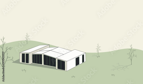 Modular housing construction banner template. Modern minimal house design on slope terrain. Vector illustration 