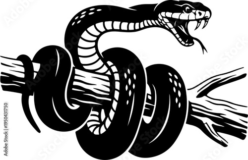 Coiled Snake Around Branch silhouette vector illustration