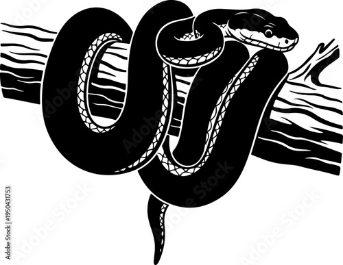Coiled Snake Around Branch silhouette vector illustration