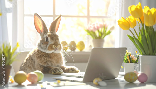 A rabbit sits at a laptop surrounded by colorful Easter eggs and tulips in sunlight, blending festive spring charm with playful human-like creativity.