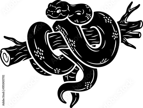 Coiled Snake Around Branch silhouette vector illustration