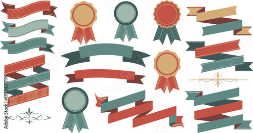 A collection of vintage style ribbons and decorative award badges in muted red and green colors