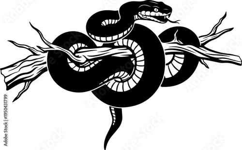 Coiled Snake Around Branch silhouette vector illustration
