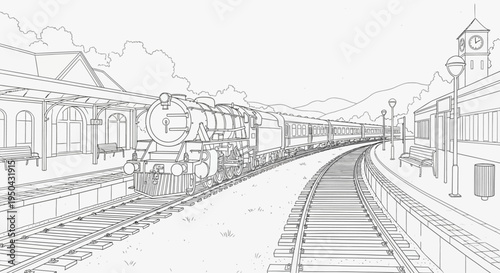 A detailed line art drawing of a classic steam train arriving at a vintage railway station with platforms and a clock tower.