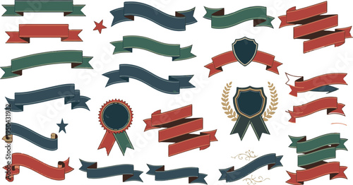 A collection of vintage style ribbons and decorative shields in red, green, and dark blue colors