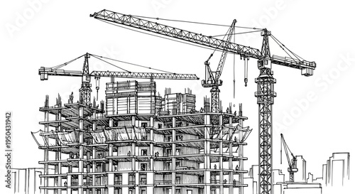 Detailed black and white sketch of a large building under construction with multiple tower cranes in an urban setting.