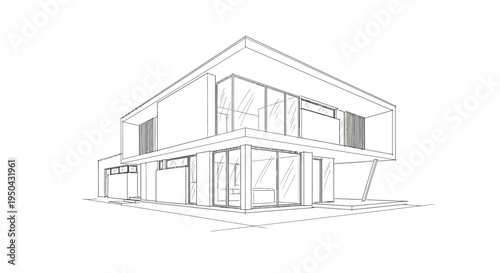 Line drawing of a modern minimalist house with large windows and a flat roof, showcasing contemporary architectural design.