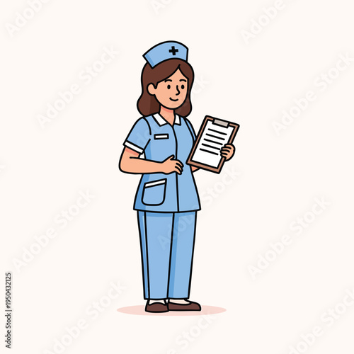 A cartoon depiction of a smiling nurse in blue scrubs and a cap, holding a clipboard with a friendly, welcoming expression