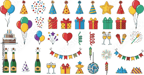 A comprehensive collection of festive birthday party elements and celebration icons in flat style