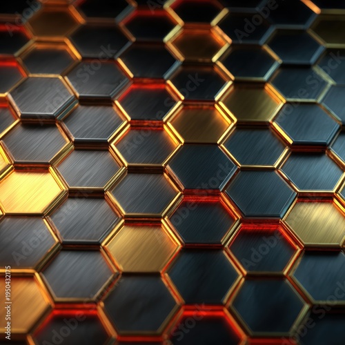 Textured hexagonal pattern with metallic gold and dark gray surfaces