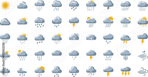 A comprehensive collection of diverse weather icons depicting various meteorological conditions