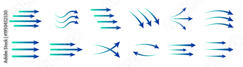 Blue air flow arrows set, wind direction stream swirls, ventilation and cooling motion vector elements on transparent background