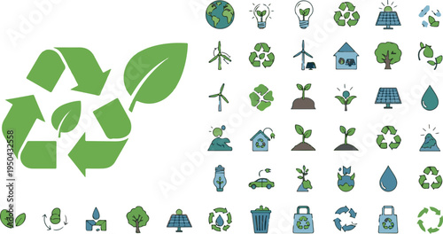A comprehensive collection of green energy and eco friendly sustainability icons for environmental design