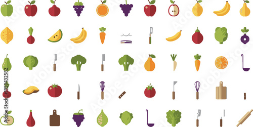 A comprehensive collection of flat vector icons featuring various fresh fruits and kitchen tools