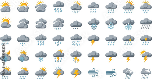 A comprehensive collection of diverse weather condition icons featuring clouds sun rain and wind