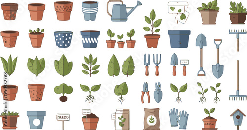 A comprehensive collection of gardening tools and potted plants illustrated in a flat vector style
