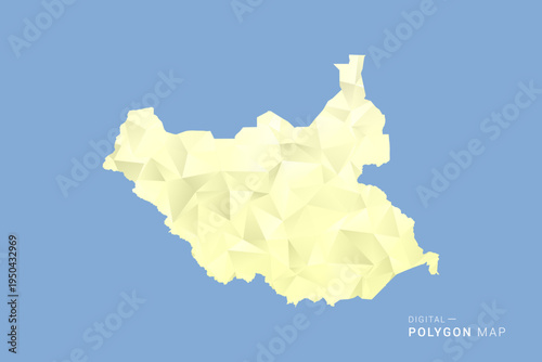 South Sudan Map in low poly polygon vector style, geometric shape illustration with soft yellow tones on blue background, clean silhouette for infographic.