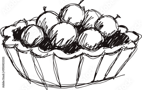 Cherry tart dessert sketch with fresh round cherries and flaky crust in hand drawn