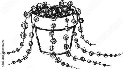 Beaded necklaces draped over a container, tangled strands illustration in black and white