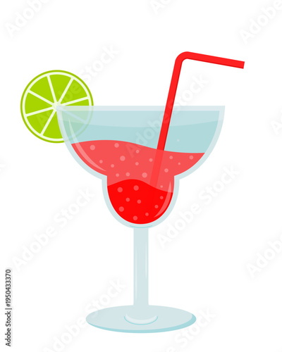 Fresh Summer Pink Cocktail with Slice of Lime isolated on White background vector illustration